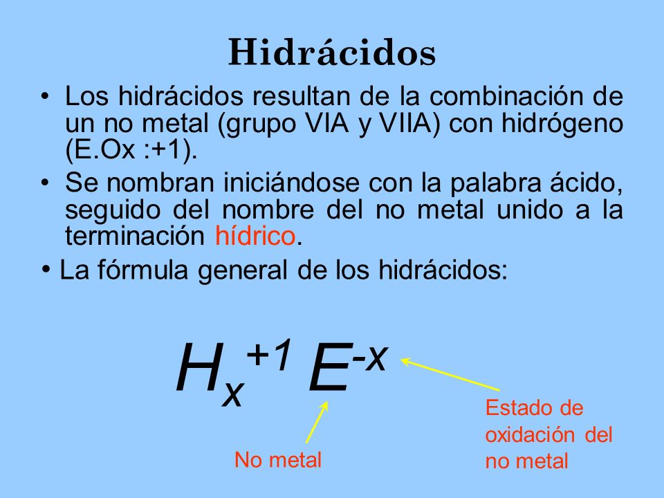 Hx+1 E-x Hidrácidos La fórmula general de los hidrácidos: