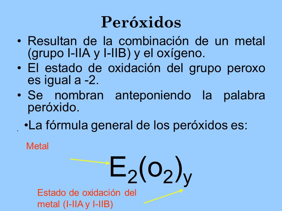 Peróxidos Resultan de la combinación de un metal (grupo I-IIA y I-IIB) y el oxígeno. El estado de oxidación del grupo peroxo es igual a -2.