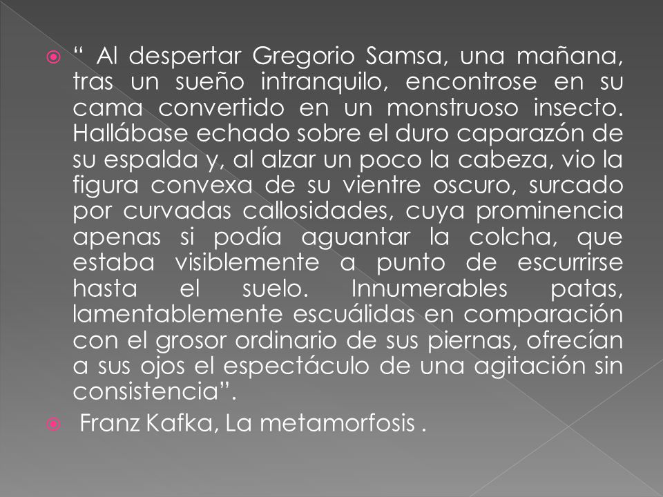 Al despertar Gregorio Samsa, una mañana, tras un sueño intranquilo, encontrose en su cama convertido en un monstruoso insecto. Hallábase echado sobre el duro caparazón de su espalda y, al alzar un poco la cabeza, vio la figura convexa de su vientre oscuro, surcado por curvadas callosidades, cuya prominencia apenas si podía aguantar la colcha, que estaba visiblemente a punto de escurrirse hasta el suelo. Innumerables patas, lamentablemente escuálidas en comparación con el grosor ordinario de sus piernas, ofrecían a sus ojos el espectáculo de una agitación sin consistencia .