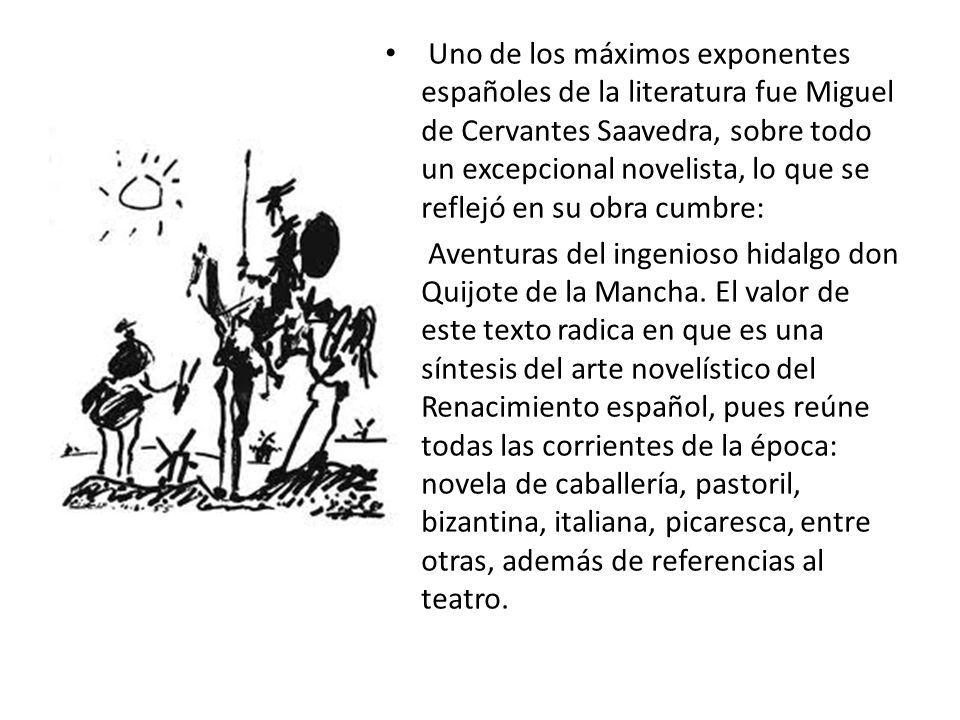 Uno de los máximos exponentes españoles de la literatura fue Miguel de Cervantes Saavedra, sobre todo un excepcional novelista, lo que se reflejó en su obra cumbre: