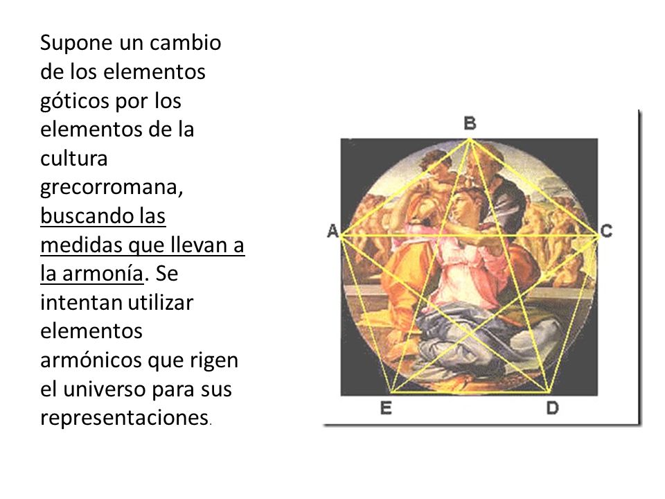 Supone un cambio de los elementos góticos por los elementos de la cultura grecorromana, buscando las medidas que llevan a la armonía.