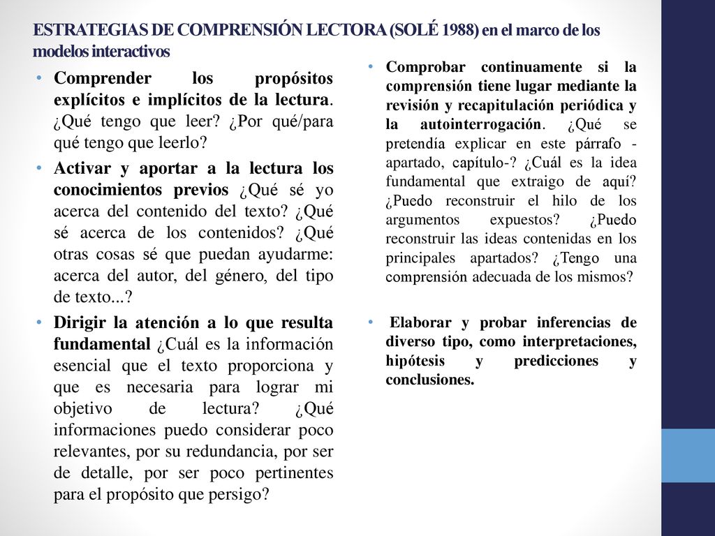 ESTRATEGIAS DE COMPRENSIÓN LECTORA (SOLÉ 1988) en el marco de los modelos interactivos