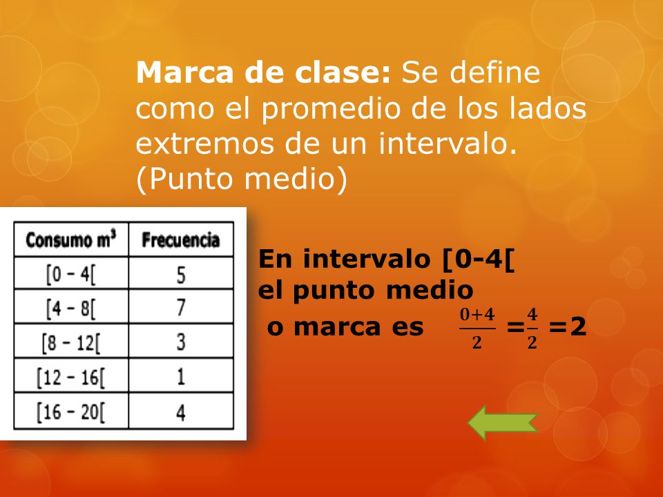 Marca de clase: Se define como el promedio de los lados extremos de un intervalo. (Punto medio)