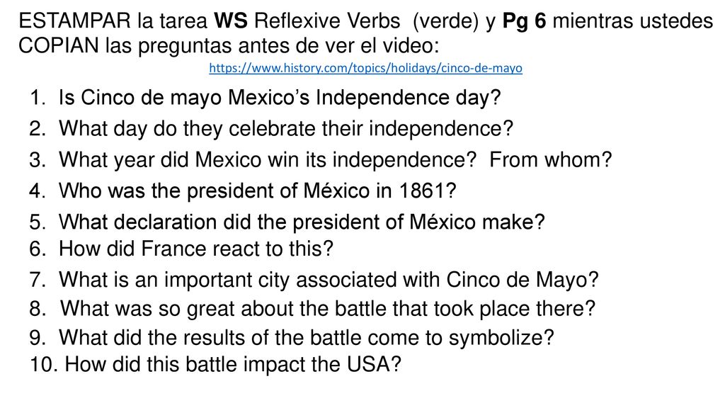 ESTAMPAR la tarea WS Reflexive Verbs (verde) y Pg 6 mientras ustedes