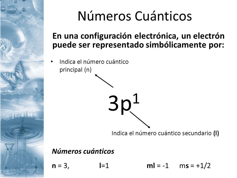 Números Cuánticos En una configuración electrónica, un electrón puede ser representado simbólicamente por: