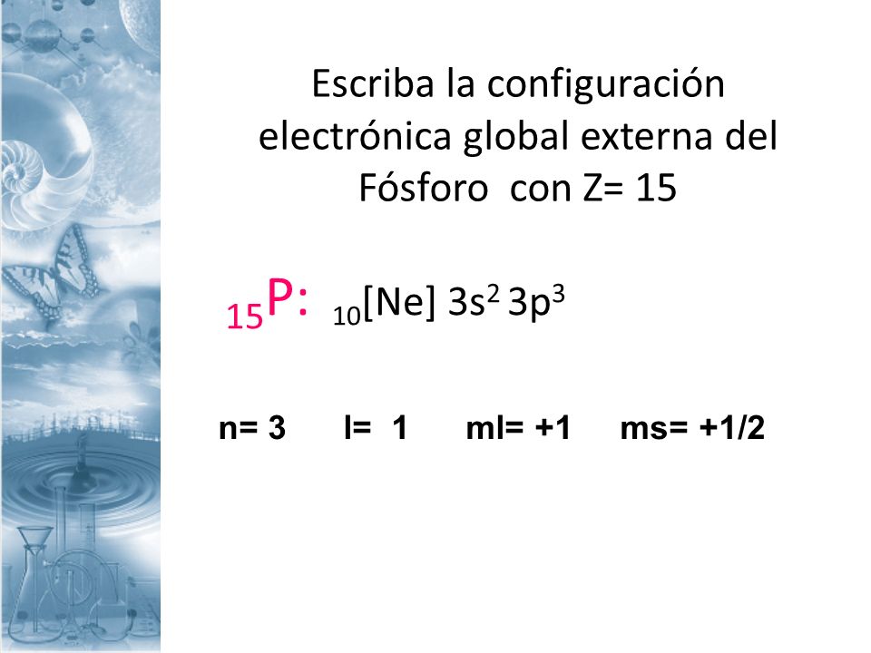 Escriba la configuración electrónica global externa del Fósforo con Z= 15
