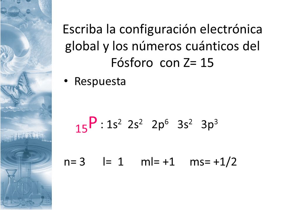 Escriba la configuración electrónica global y los números cuánticos del Fósforo con Z= 15