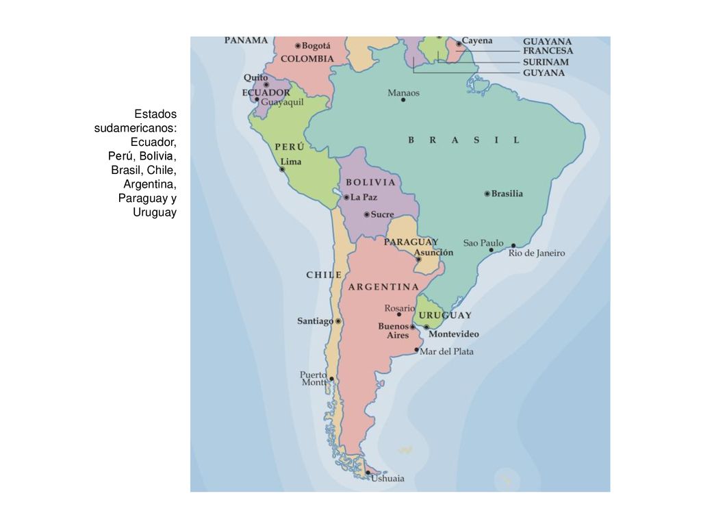 Estados sudamericanos: Ecuador, Perú, Bolivia, Brasil, Chile, Argentina, Paraguay y Uruguay