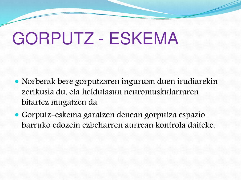 GORPUTZ - ESKEMA Norberak bere gorputzaren inguruan duen irudiarekin zerikusia du, eta heldutasun neuromuskularraren bitartez mugatzen da.