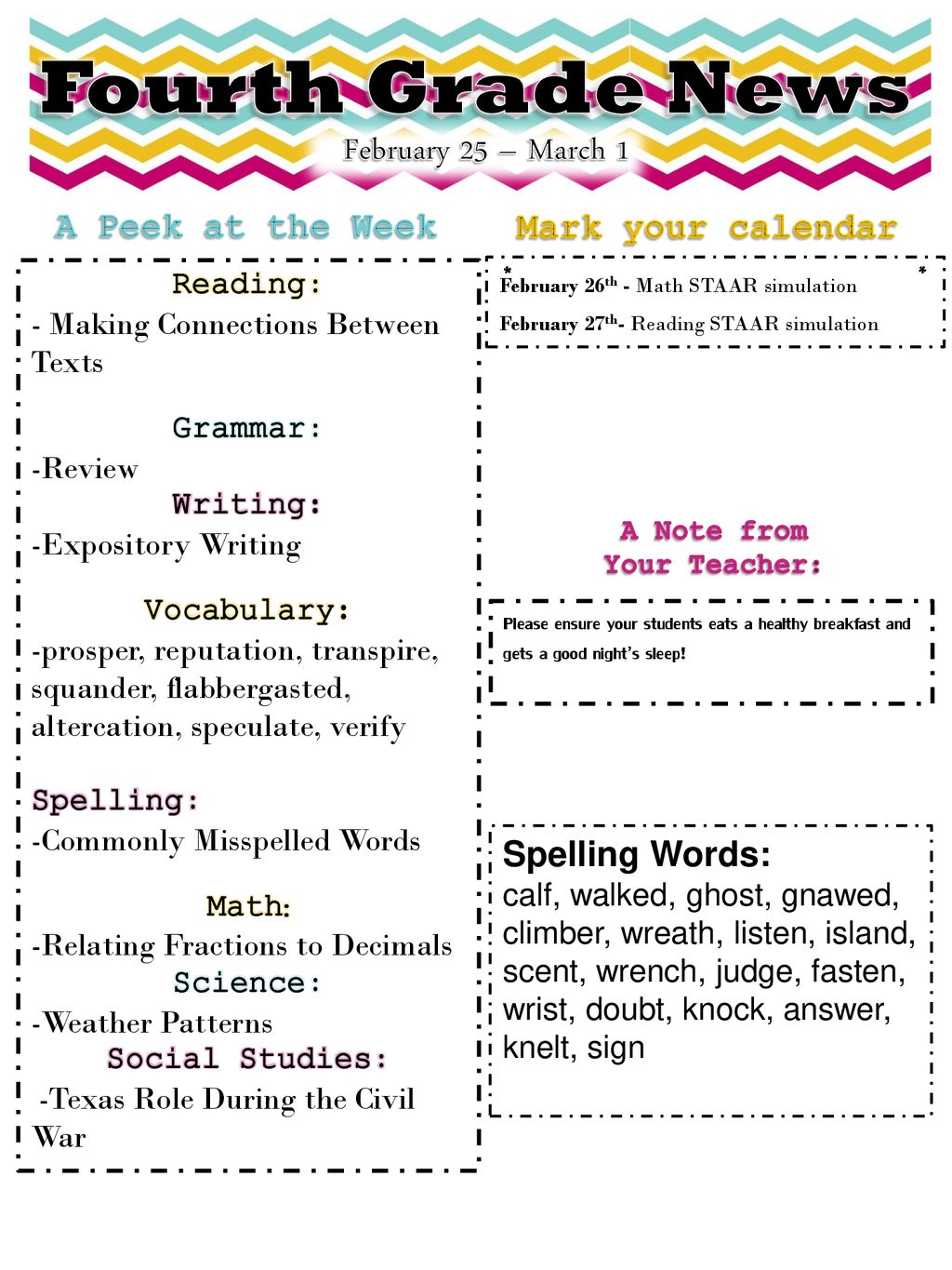 Fourth Grade News February 25 – March 1 A Peek at the Week