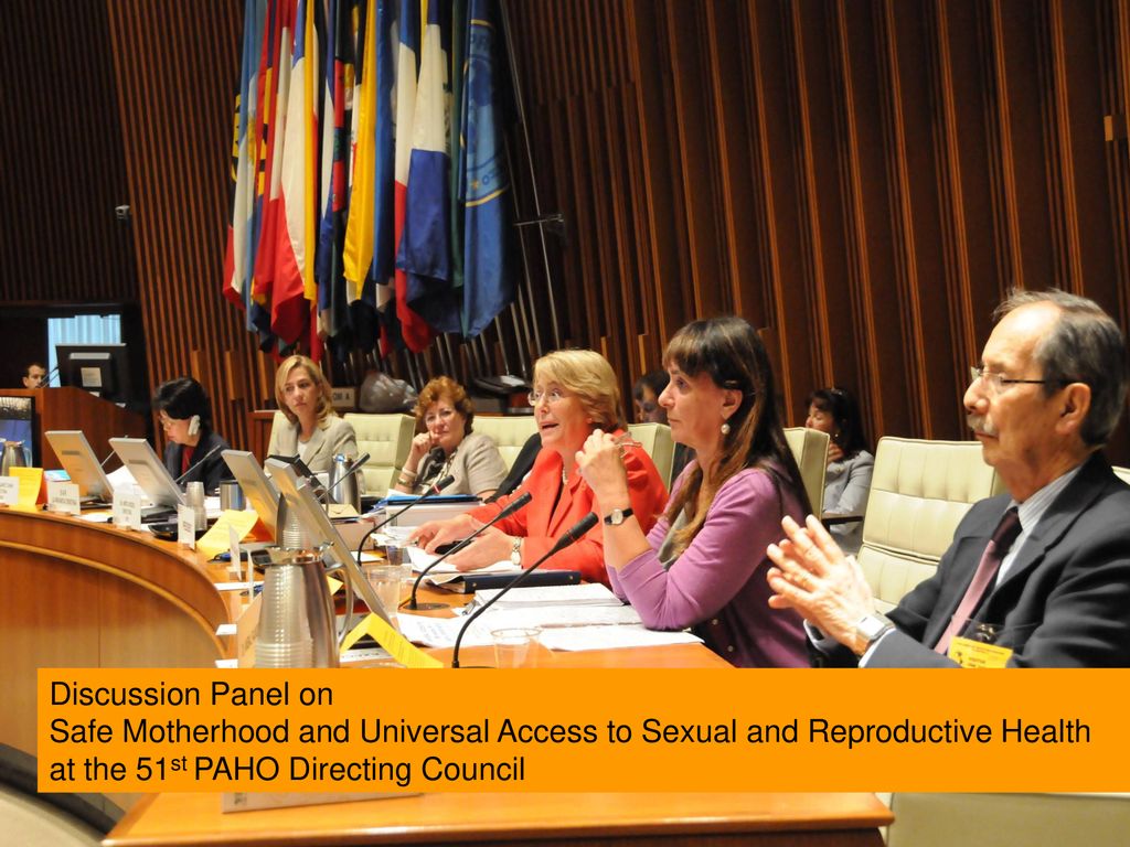 Sobre esta temática los Ministros y delegados al Consejo Directivo participaron en el panel de discusión sobre maternidad segura y acceso universal a la salud sexual y reproductiva, el cual contó con la presencia de la ex presidenta Michelle Bachellet, Subsecretaria General de NNUU y Directora Ejecutiva ONU Mujeres, la Infanta Cristina de España, y la Directora General de la OMS. El pánel concluyó que la mortalidad materna no es sólo el reflejo de la falta de acceso a servicios que garanticen una maternidad segura, sino también un problema de inequidad social y de ejercicio de derechos de la mujer; aspecto que demanda de una decidida voluntad política de los Jefes de Estado y de Gobierno de la Región, para acelerar las acciones que permitan alcanzar la meta propuesta para el 2015 (próxima lámina)