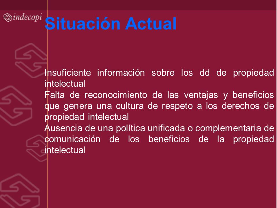 Situación Actual Insuficiente información sobre los dd de propiedad intelectual.