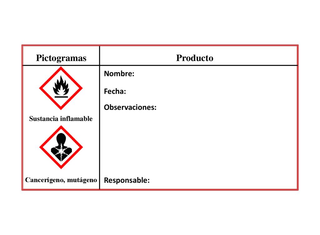 Pictogramas Producto Nombre: Fecha: Observaciones: Responsable: