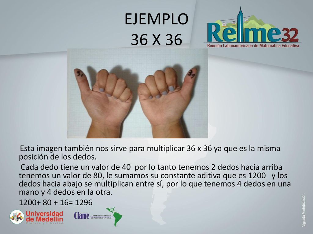 EJEMPLO 36 X 36 Esta imagen también nos sirve para multiplicar 36 x 36 ya que es la misma posición de los dedos.