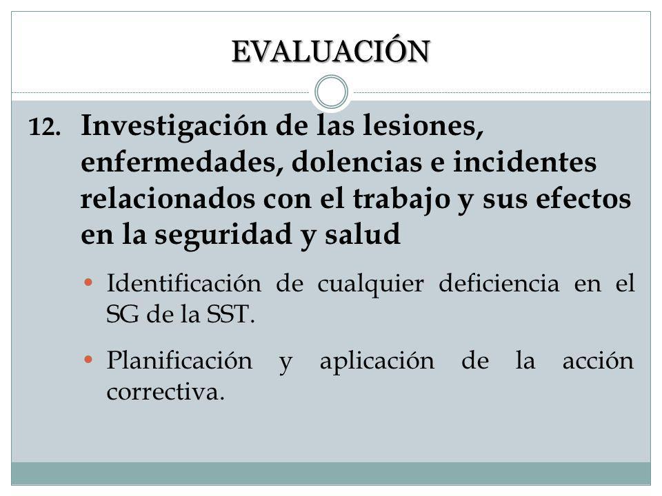 EVALUACIÓN 12. Investigación de las lesiones, enfermedades, dolencias e incidentes relacionados con el trabajo y sus efectos en la seguridad y salud.