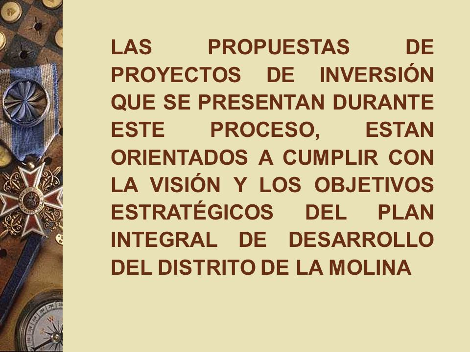 LAS PROPUESTAS DE PROYECTOS DE INVERSIÓN QUE SE PRESENTAN DURANTE ESTE PROCESO, ESTAN ORIENTADOS A CUMPLIR CON LA VISIÓN Y LOS OBJETIVOS ESTRATÉGICOS DEL PLAN INTEGRAL DE DESARROLLO DEL DISTRITO DE LA MOLINA