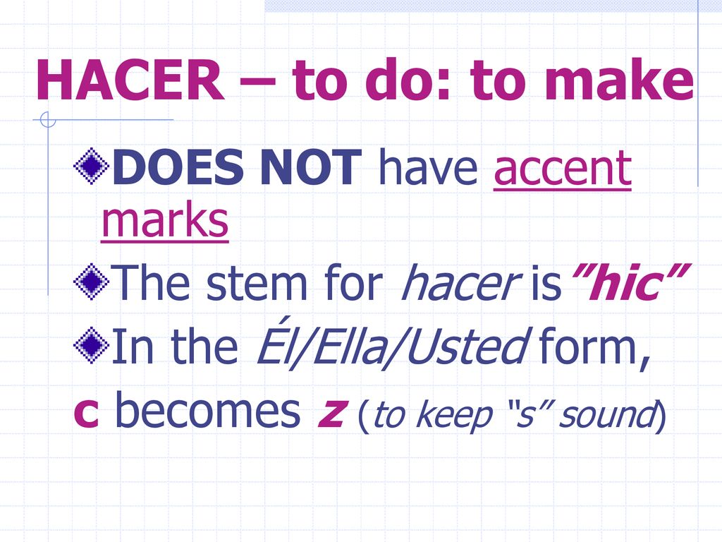HACER – to do: to make DOES NOT have accent marks