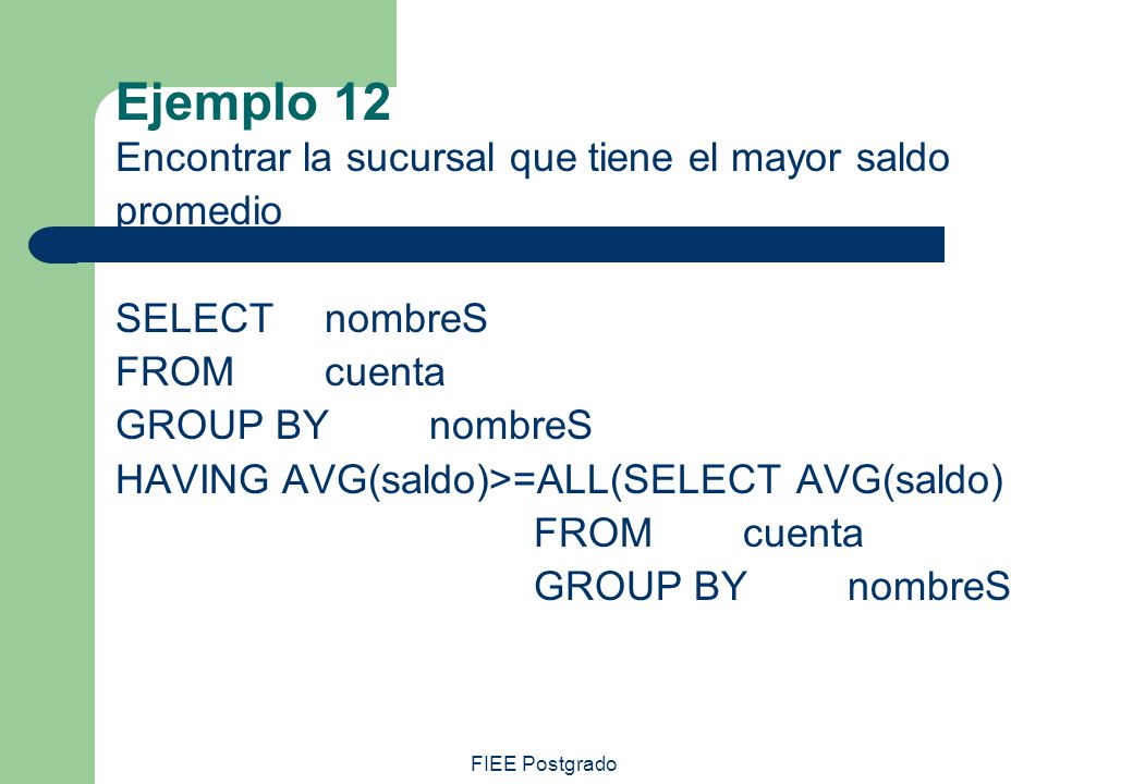 Ejemplo 12 Encontrar la sucursal que tiene el mayor saldo promedio