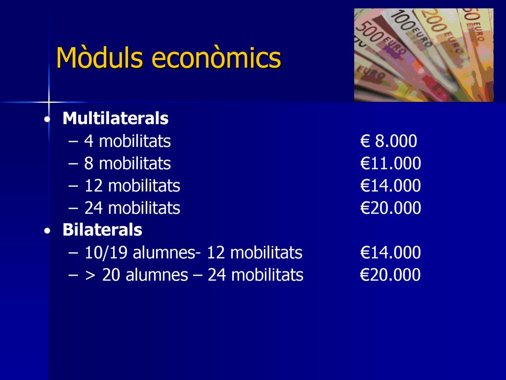 Mòduls econòmics • Multilaterals – 4 mobilitats € – 8 mobilitats