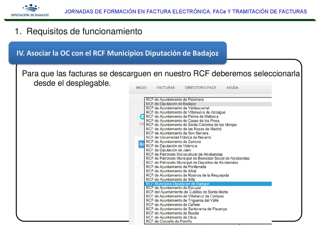 IV. Asociar la OC con el RCF Municipios Diputación de Badajoz