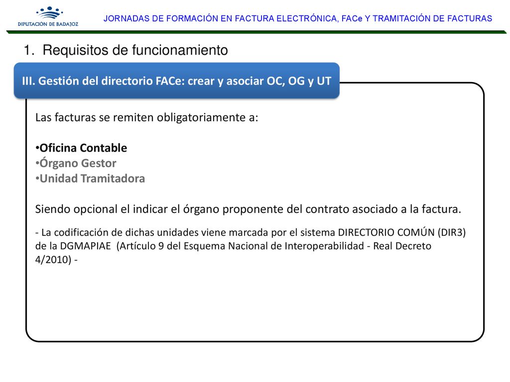 III. Gestión del directorio FACe: crear y asociar OC, OG y UT