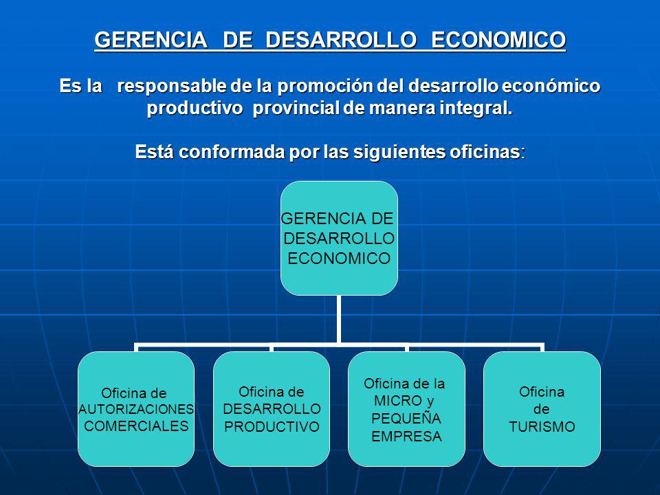 GERENCIA DE DESARROLLO ECONOMICO Es la responsable de la promoción del desarrollo económico productivo provincial de manera integral.