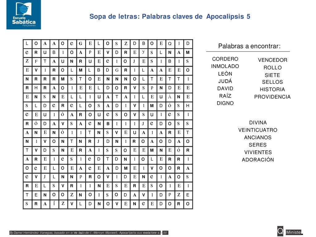 Q iMinister z Sopa de letras: Palabras claves de Apocalipsis 5 e s