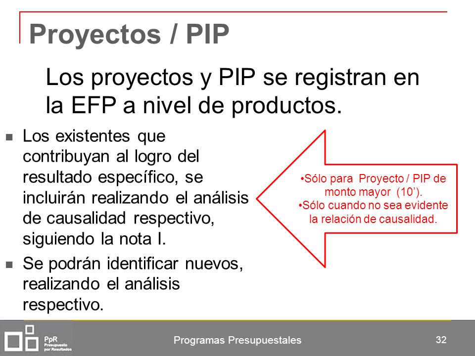 Proyectos / PIP Los proyectos y PIP se registran en la EFP a nivel de productos.