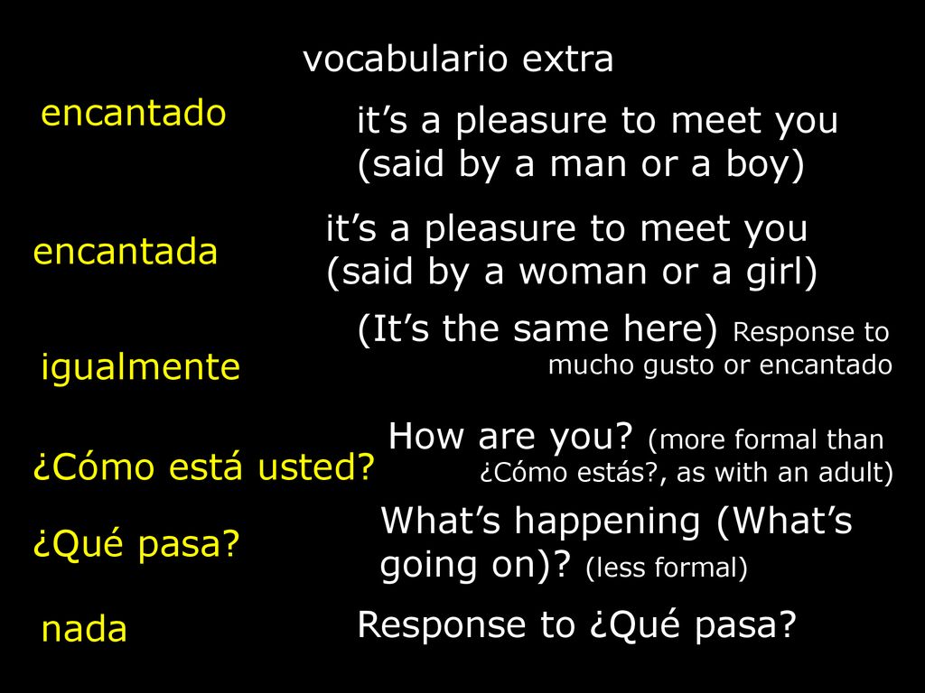 vocabulario extra encantado. it’s a pleasure to meet you (said by a man or a boy) it’s a pleasure to meet you (said by a woman or a girl)