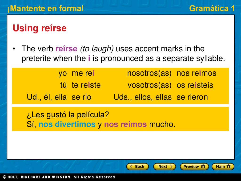 Using reírse The verb reírse (to laugh) uses accent marks in the preterite when the i is pronounced as a separate syllable.