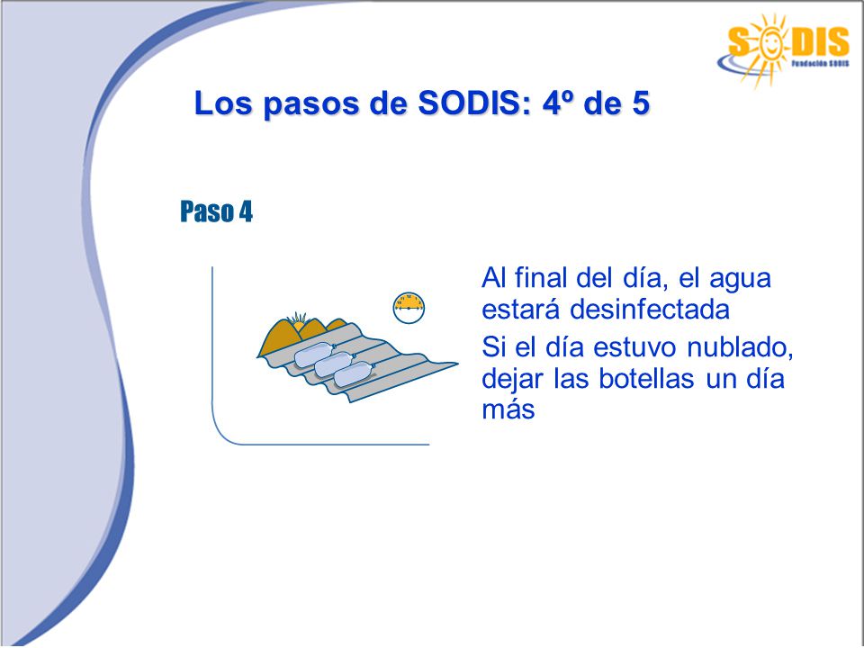 Los pasos de SODIS: 4º de 5 Al final del día, el agua estará desinfectada.