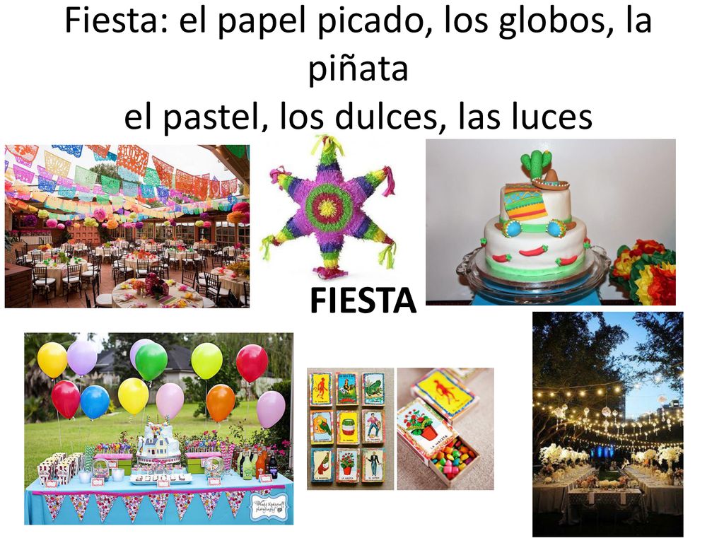 Fiesta: el papel picado, los globos, la piñata el pastel, los dulces, las luces