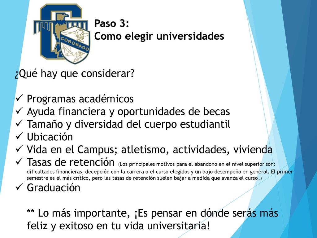 Paso 3: Como elegir universidades. ¿Qué hay que considerar Programas académicos. Ayuda financiera y oportunidades de becas.