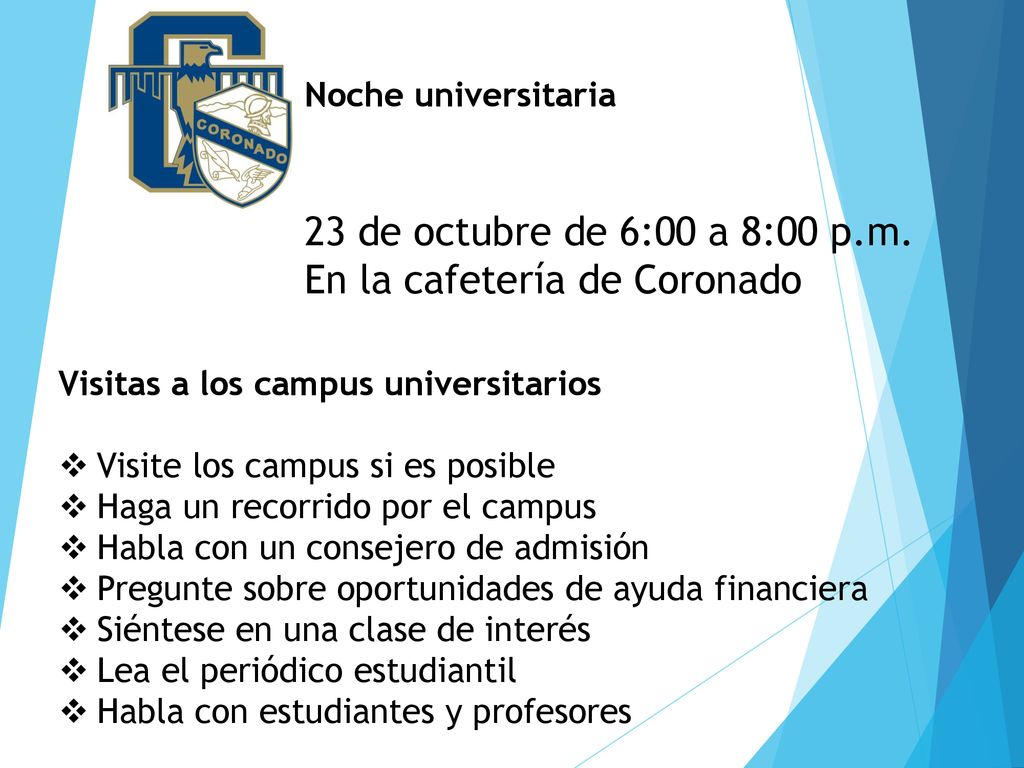 23 de octubre de 6:00 a 8:00 p.m. En la cafetería de Coronado