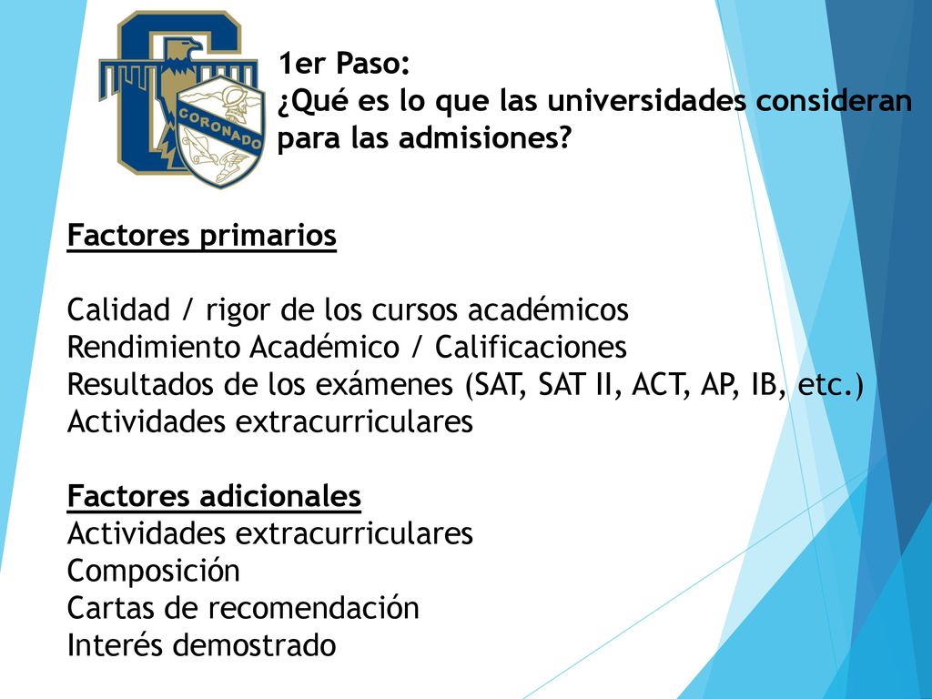 1er Paso: ¿Qué es lo que las universidades consideran para las admisiones Factores primarios.