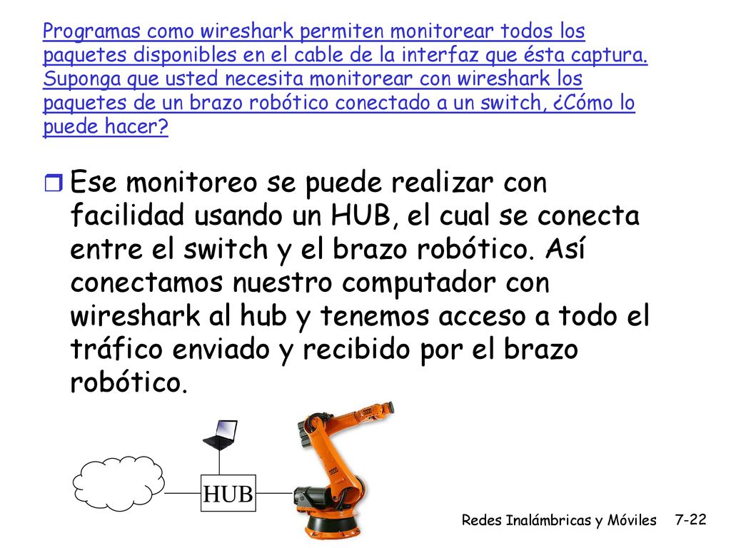 Programas como wireshark permiten monitorear todos los paquetes disponibles en el cable de la interfaz que ésta captura. Suponga que usted necesita monitorear con wireshark los paquetes de un brazo robótico conectado a un switch, ¿Cómo lo puede hacer