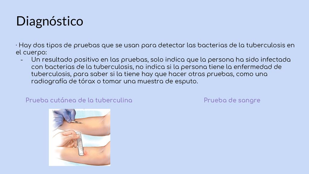 Diagnóstico · Hay dos tipos de pruebas que se usan para detectar las bacterias de la tuberculosis en el cuerpo: