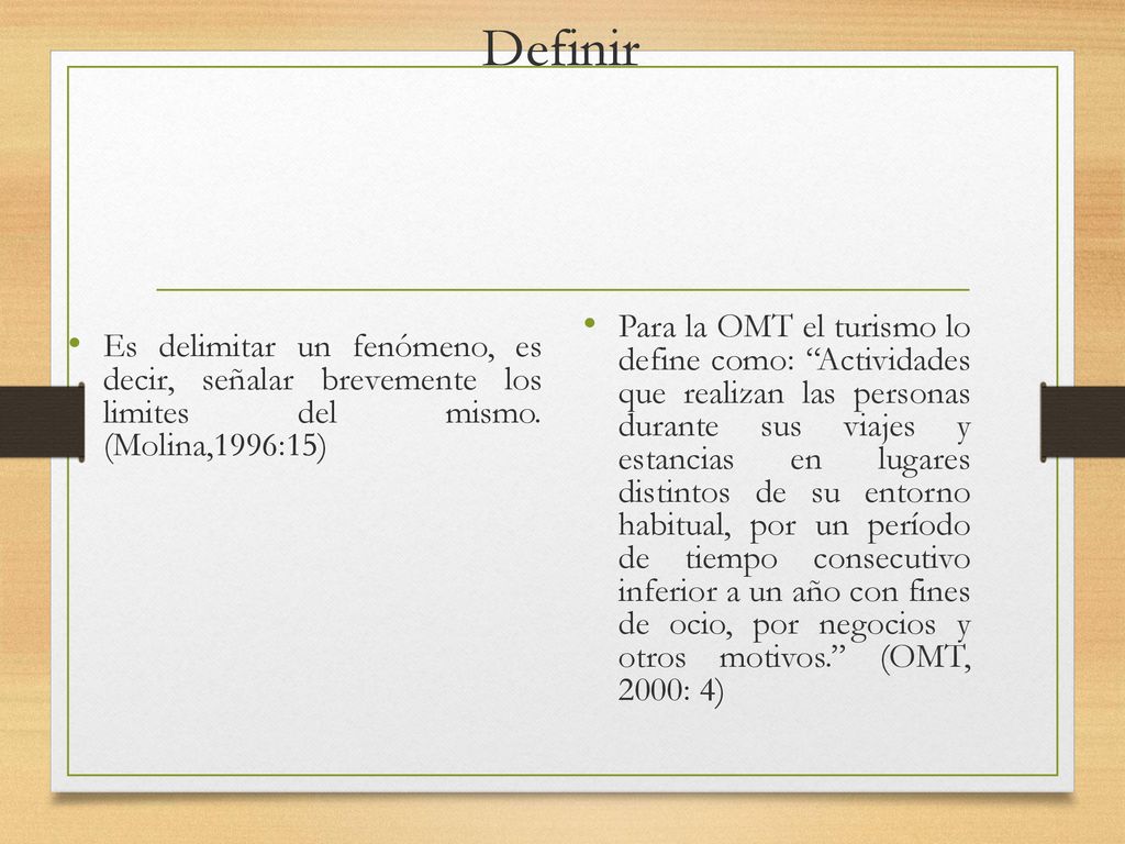Definir Es delimitar un fenómeno, es decir, señalar brevemente los limites del mismo. (Molina,1996:15)