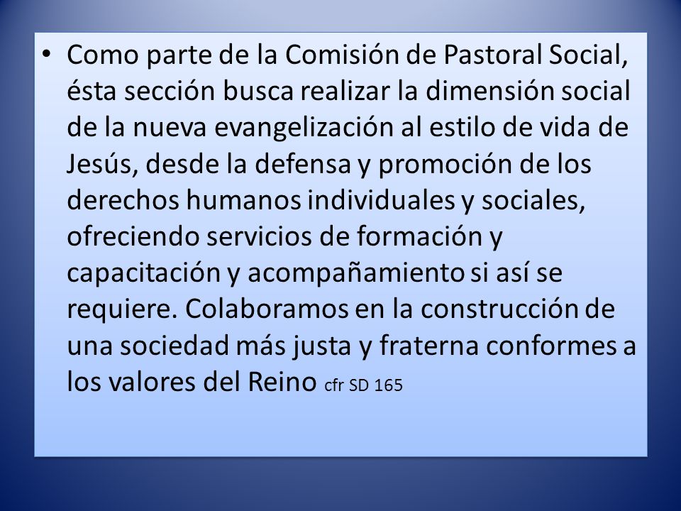 Como parte de la Comisión de Pastoral Social, ésta sección busca realizar la dimensión social de la nueva evangelización al estilo de vida de Jesús, desde la defensa y promoción de los derechos humanos individuales y sociales, ofreciendo servicios de formación y capacitación y acompañamiento si así se requiere.