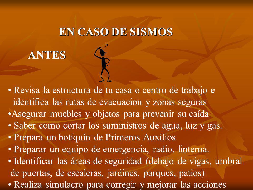 EN CASO DE SISMOS ANTES. Revisa la estructura de tu casa o centro de trabajo e. identifica las rutas de evacuacion y zonas seguras.