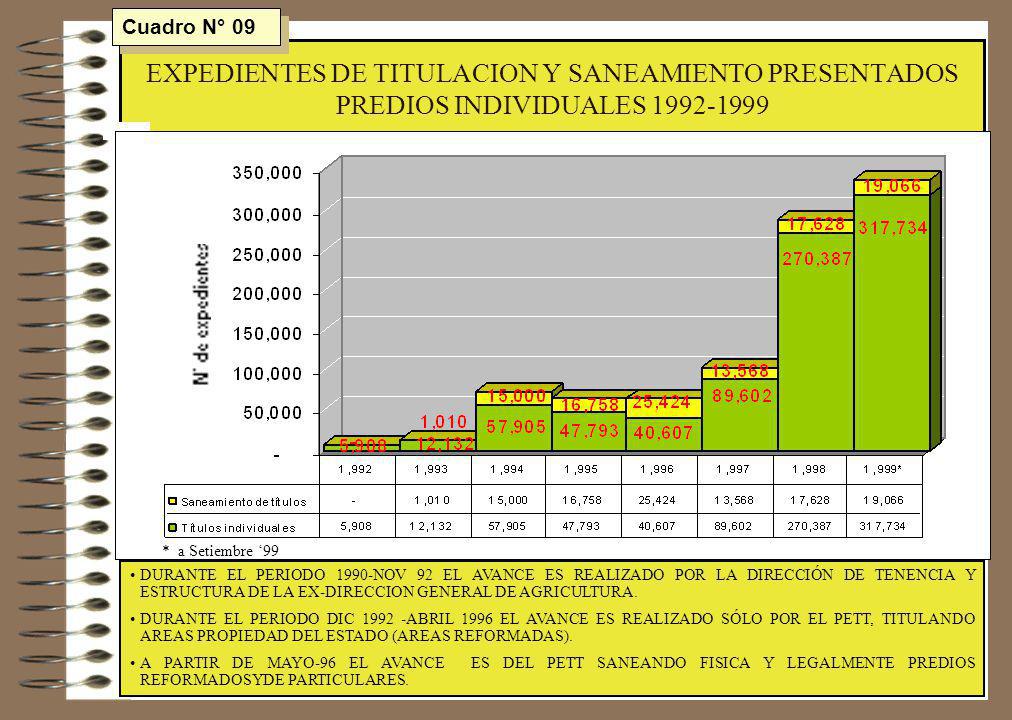 Cuadro N° 09 EXPEDIENTES DE TITULACION Y SANEAMIENTO PRESENTADOS PREDIOS INDIVIDUALES * a Setiembre ‘99.