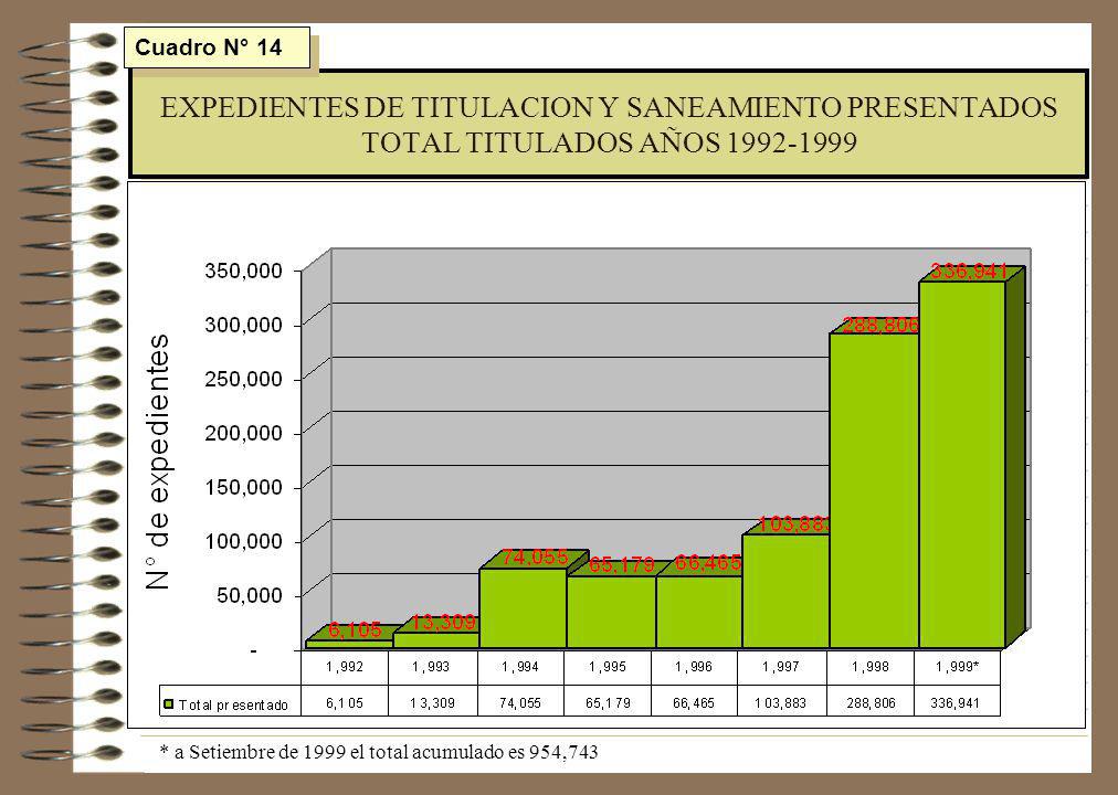 Cuadro N° 14 EXPEDIENTES DE TITULACION Y SANEAMIENTO PRESENTADOS TOTAL TITULADOS AÑOS