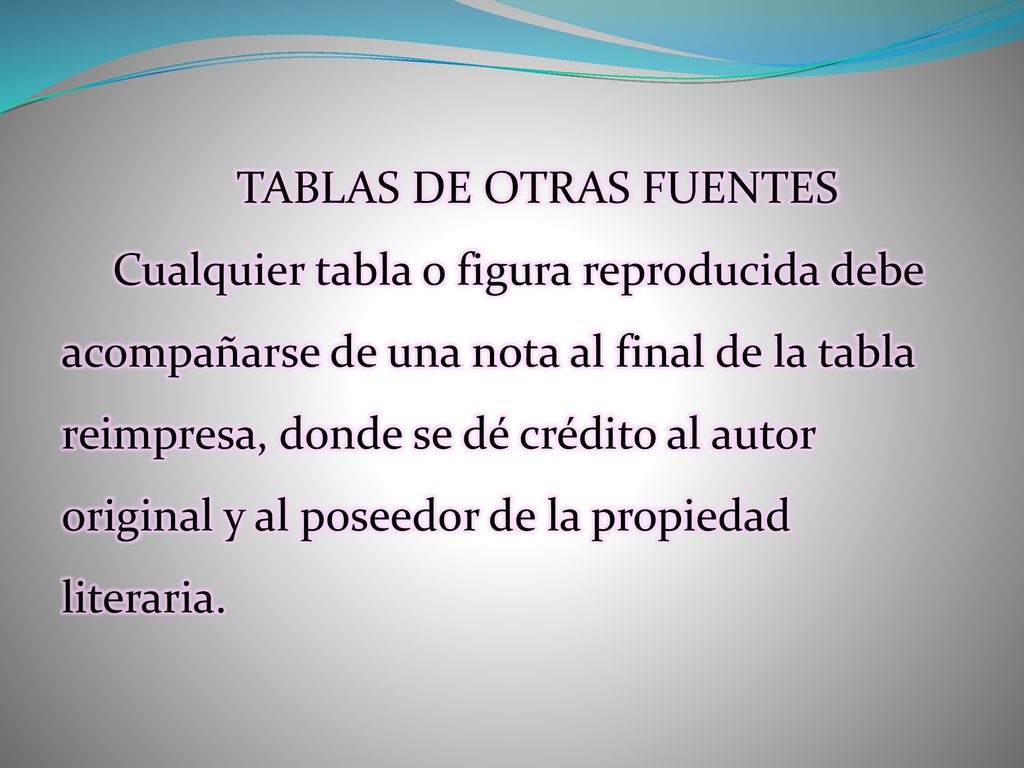 TABLAS DE OTRAS FUENTES Cualquier tabla o figura reproducida debe acompañarse de una nota al final de la tabla reimpresa, donde se dé crédito al autor original y al poseedor de la propiedad literaria.