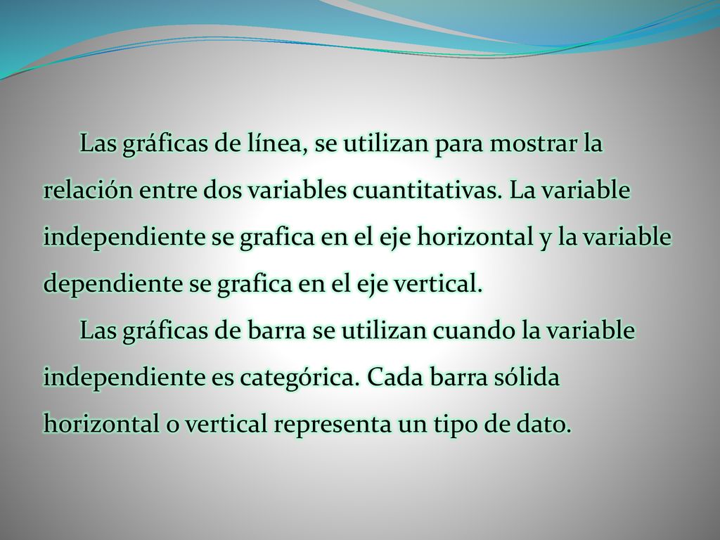 Las gráficas de línea, se utilizan para mostrar la relación entre dos variables cuantitativas. La variable independiente se grafica en el eje horizontal y la variable dependiente se grafica en el eje vertical.