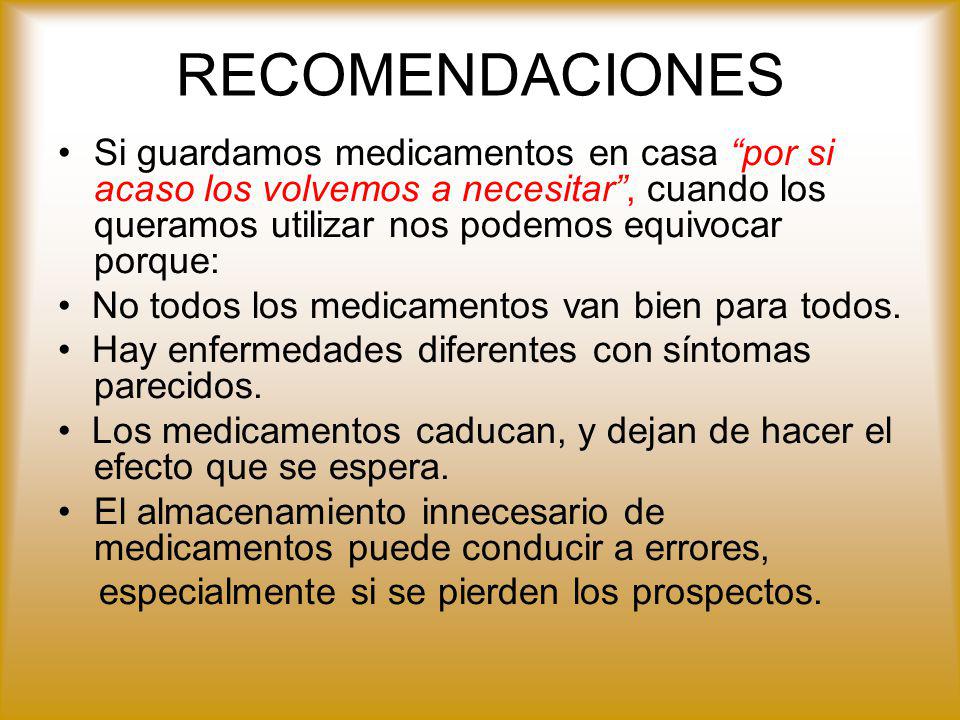 RECOMENDACIONES Si guardamos medicamentos en casa por si acaso los volvemos a necesitar , cuando los queramos utilizar nos podemos equivocar porque: