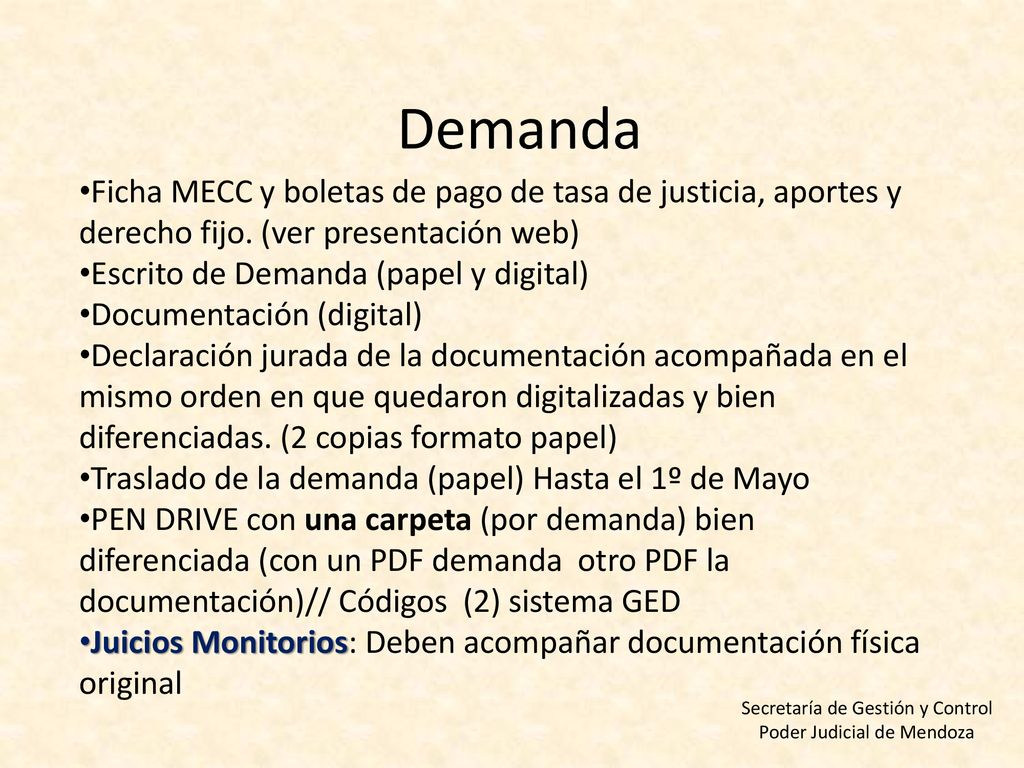 Demanda Ficha MECC y boletas de pago de tasa de justicia, aportes y derecho fijo. (ver presentación web)