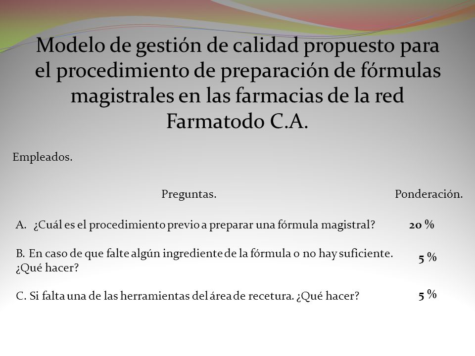 Modelo de gestión de calidad propuesto para el procedimiento de preparación de fórmulas magistrales en las farmacias de la red Farmatodo C.A.