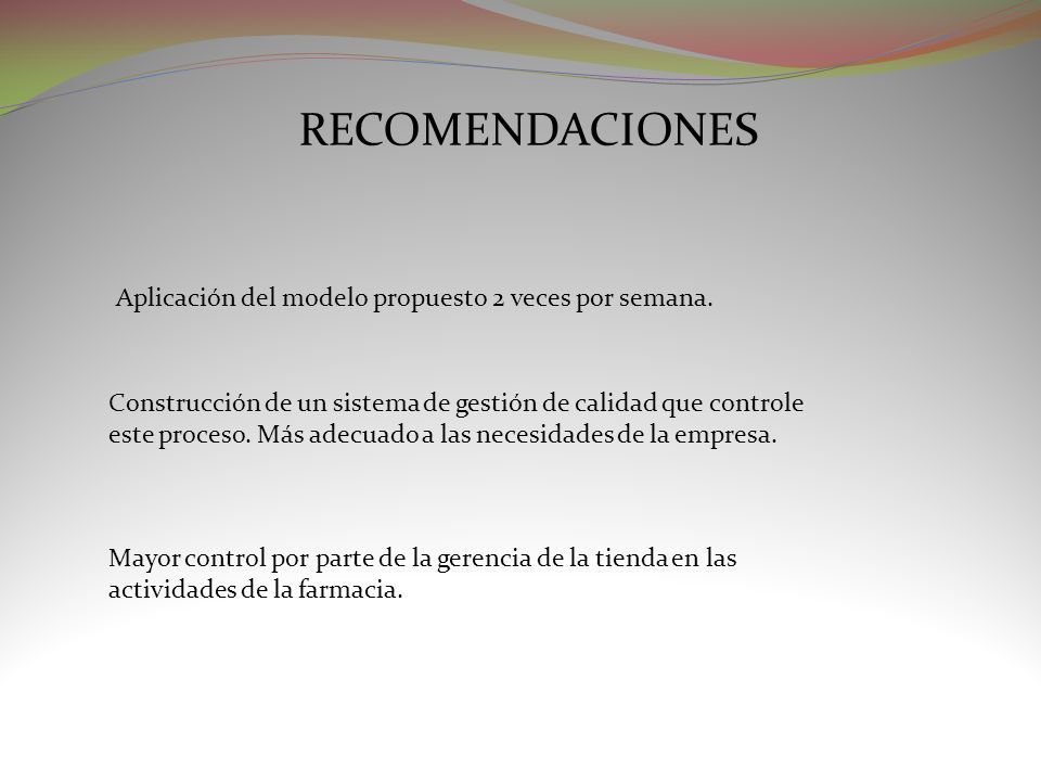 RECOMENDACIONES Aplicación del modelo propuesto 2 veces por semana.