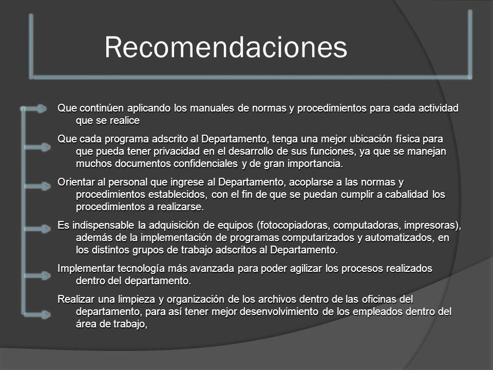 Recomendaciones Que continúen aplicando los manuales de normas y procedimientos para cada actividad que se realice.