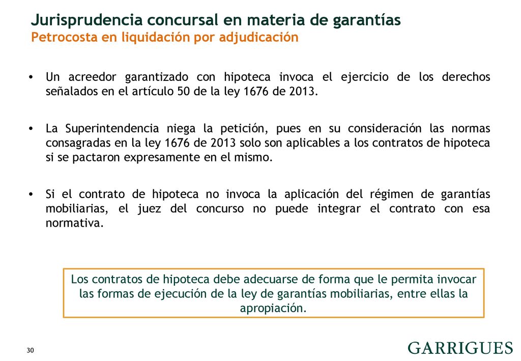Jurisprudencia concursal en materia de garantías Petrocosta en liquidación por adjudicación